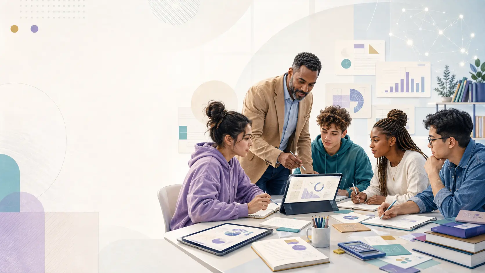 Teacher and students collaborating with academic planning tools