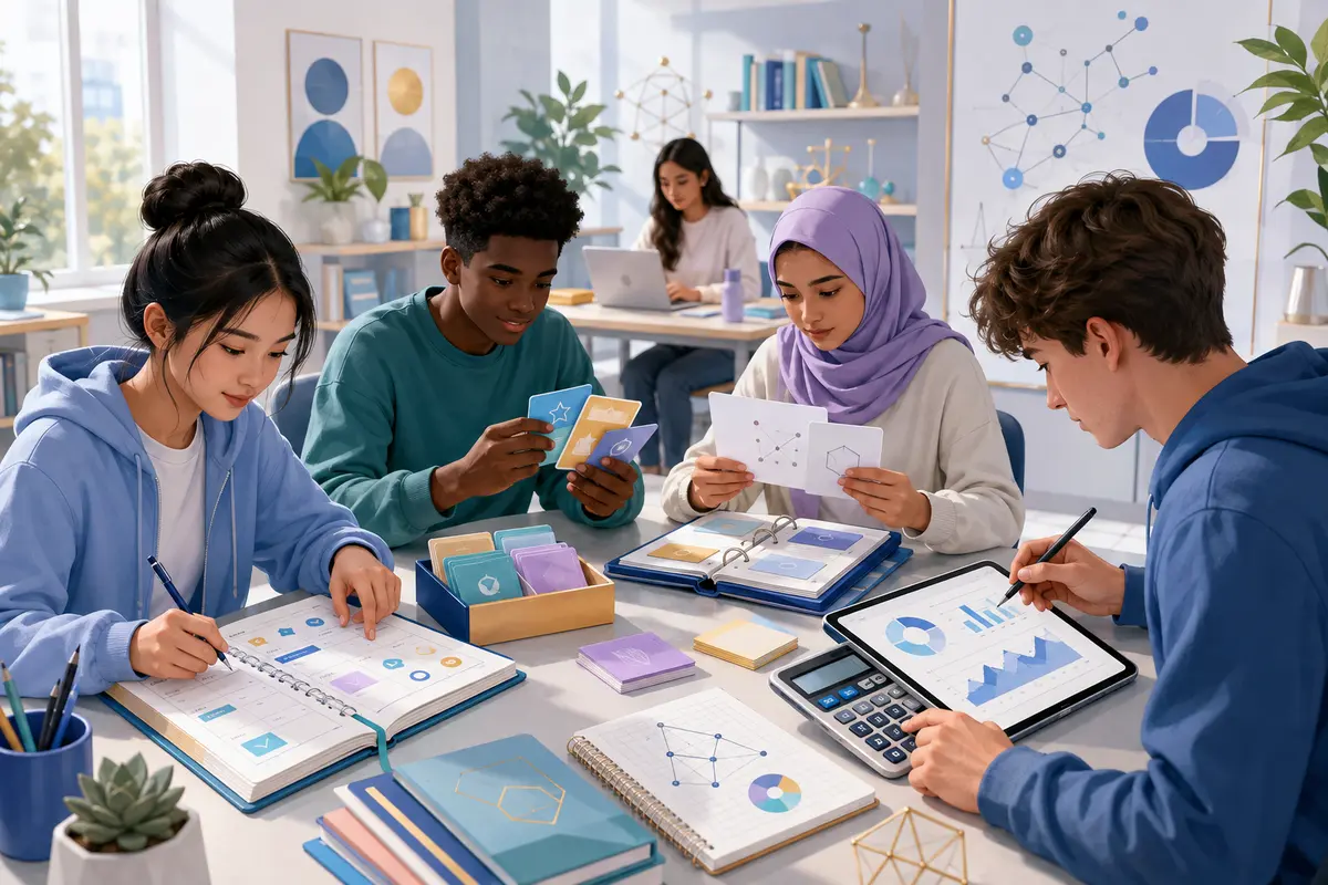 Students collaborating with study and research tools